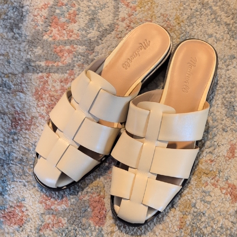 Madewell Cream Leather Mules with Woven Design